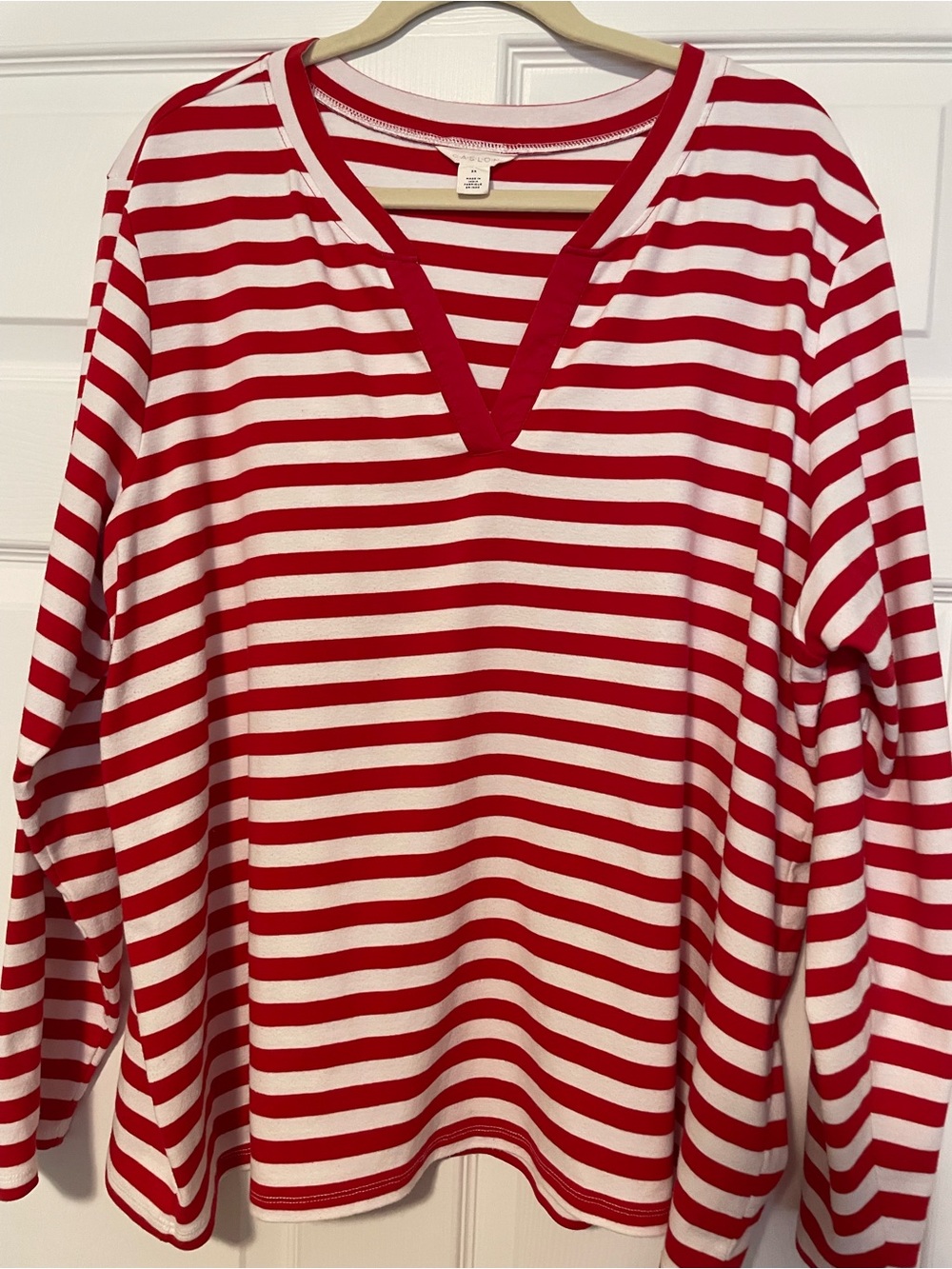 Caslon Striped V-Neck Long Sleeve Top - Red & White Size 3X